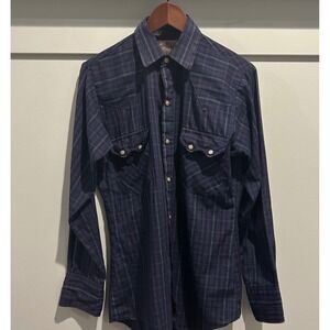 Vintage Dee Cee Brand Shirt Medium Navy Plaid Pearl Snap Western Sawtooth‎ READ